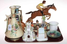 Tray lot with Worcester blush vase, Coalport church and cottage, Noritake vase, Beswick equestrian,