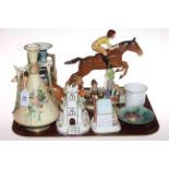 Tray lot with Worcester blush vase, Coalport church and cottage, Noritake vase, Beswick equestrian,