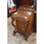 Victorian burr walnut piano top Davenport, having pull out writing surface and four side drawers,