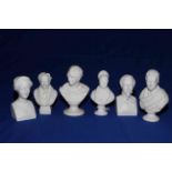 Collection of six small Victorian Parian busts including Napoleon III and Emperatrice, 11cm.