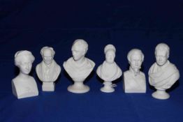 Collection of six small Victorian Parian busts including Napoleon III and Emperatrice, 11cm.