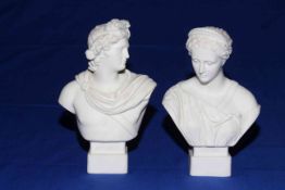 Pair Robinson and Leadbeater Parian busts of Apollo and Diana, 20cm.