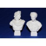 Pair Robinson and Leadbeater Parian busts of Apollo and Diana, 20cm.