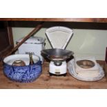 Enamel bread bucket, Berkel Auto Scale Co. Ltd London scales, footbath, meat plate, magazines, etc.