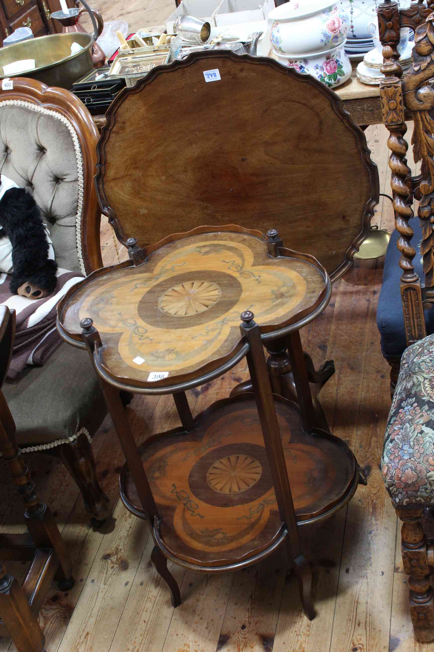 Late 19th Century inlaid mahogany two tier etagé of quadriform shape and a 19th Century mahogany