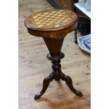 Victorian circular inlaid chess top sewing table in tripod base and X-framed stool.