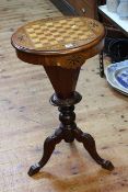 Victorian circular inlaid chess top sewing table in tripod base and X-framed stool.