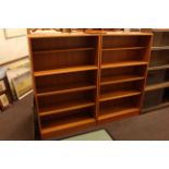 Pair teak open bookcases, 81cm by 133cm and teak CD tower (3).