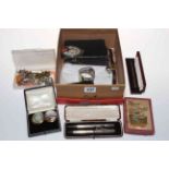 Box with silver yard 'o lead, pens, oval miniature, watch, etc.