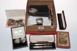 Box with silver yard 'o lead, pens, oval miniature, watch, etc.