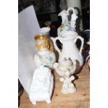 Collection of six pieces of Victorian Parian ware including lidded cherub vase, 22cm,