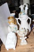 Collection of six pieces of Victorian Parian ware including lidded cherub vase, 22cm,