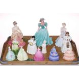 Coalport ladies; collection of three large and six small, two Royal Doulton figures,