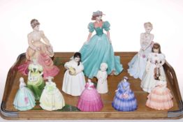 Coalport ladies; collection of three large and six small, two Royal Doulton figures,