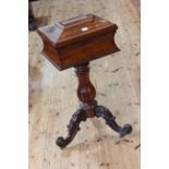 Victorian rosewood sarcophagus shaped sewing table on fluted pedestal tripod base, 38cm by 80cm.