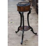 Brass mounted ebonised and marquetry inlaid jardiniere stand/planter with undershelf on triform