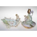 Art Nouveau bisque lady spill vase and Volkstedt cherub chariot (2).