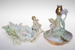 Art Nouveau bisque lady spill vase and Volkstedt cherub chariot (2).