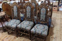 Six Victorian carved oak dining chairs (4x2).