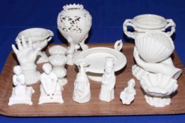 Tray lot with Victorian Parian candle snuffers, pepperettes, ring stand, urn vases, etc (14).