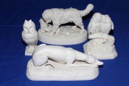 Four Victorian Parian animal figures; recumbent greyhound, length 28cm, Copeland owl on square base,