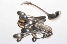Edwardian silver sauce ladle, Sheffield 1901, and collection of silver spoons.