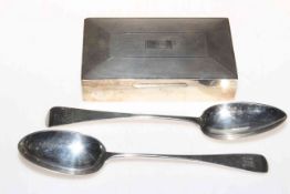 Two silver tablespoons, London 1818 and 1890, and silver cigarette box (3).