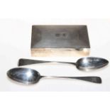 Two silver tablespoons, London 1818 and 1890, and silver cigarette box (3).