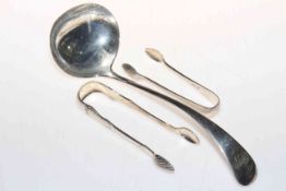 Silver soup ladle, Sheffield 1893, and two pair of silver tongs (3).