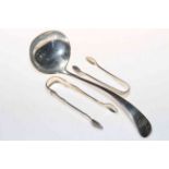 Silver soup ladle, Sheffield 1893, and two pair of silver tongs (3).