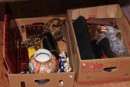 Two boxes with metalwares, binoculars, desk set, etc.