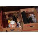 Two boxes with metalwares, binoculars, desk set, etc.