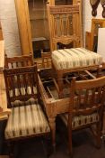 Set of five late Victorian oak dining chairs and stripped Victorian turned leg table base.