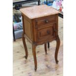 Pair Continental oak marble topped single drawer pot cupboards, 42cm by 82cm.