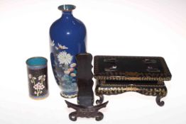 Cloisonne vase and brush pot, lacquered stand and carved plate stand.