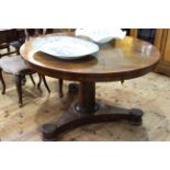 Victorian circular rosewood crossbanded loo table on turned pedestal to inverted triform base,
