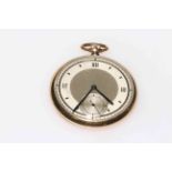 1930's gents 9 carat gold keyless pocket watch with Art Deco styled dial.