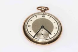 1930's gents 9 carat gold keyless pocket watch with Art Deco styled dial.