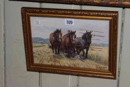 D.M. & E.M. Alderson, 1975, watercolour of Three Shire Horses at Work, 19cm by 28cm, gilt frame.