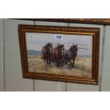 D.M. & E.M. Alderson, 1975, watercolour of Three Shire Horses at Work, 19cm by 28cm, gilt frame.