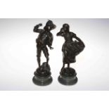 A. Mayer, pair bronze children, girl selling fish and frivolous boy on marble bases, 27cm.