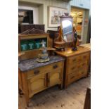 Late Victorian satin walnut dressing table and marble topped washstand.