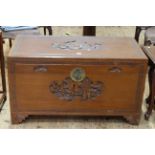 Oriental carved camphorwood trunk, 60cm by 104cm.