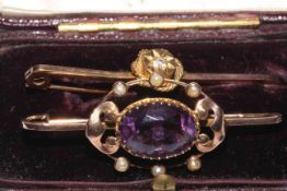 Gold, amethyst and seed pearl brooch and 9 carat gold diamond bar brooch (2).