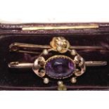 Gold, amethyst and seed pearl brooch and 9 carat gold diamond bar brooch (2).