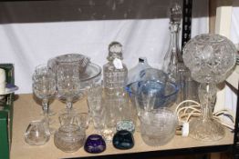 Cut glass table lamp, glass decanters, paperweights, glasses, etc.