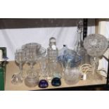 Cut glass table lamp, glass decanters, paperweights, glasses, etc.