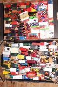 Two boxes of Diecast model cars including Corgi, Matchbox.