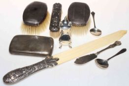 Collection of silver items including cigar case, brushes, pepperette,