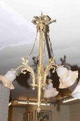 Brass three branch ornate chandelier, gilt metal Napoleon mantel clock,